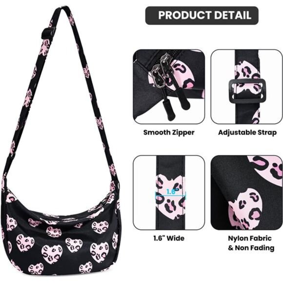 Mini Crescent Bag with Adjustable Strap, 2 Zippers Lightweight Nylon Bag - Black - Picture 3 of 6